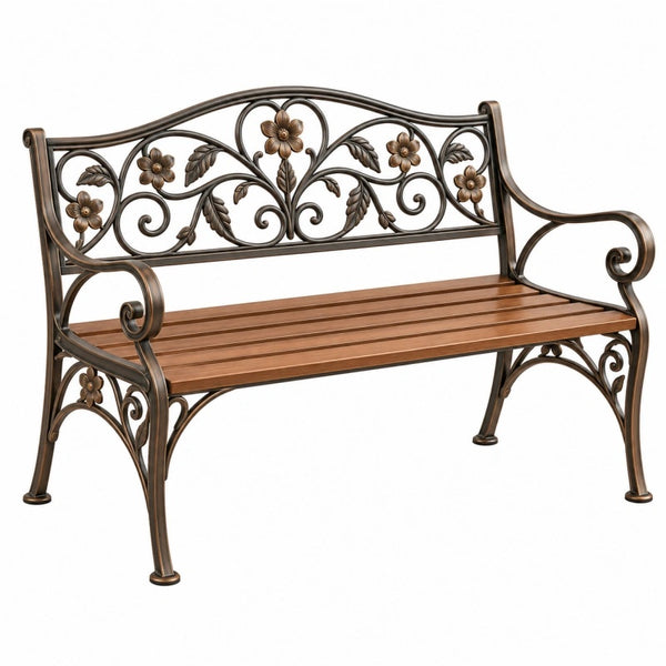 Gartenbank 120 x 60 x 90 cm Metall Holz Braun florales Design