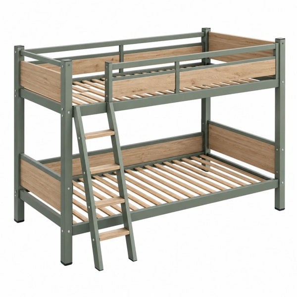 Etagenbett 90 x 200 cm Metall und Holzoptik Grün Natur mit Leiter und Lattenrosten