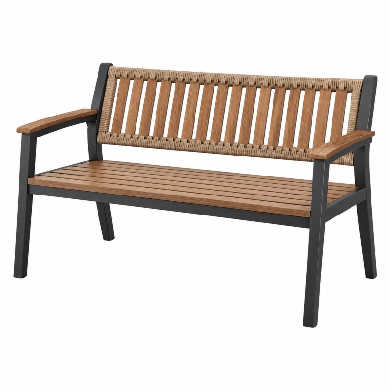 Gartenbank 120 x 65 x 85 cm aus Holz und Metall in Braun Schwarz mit geflochtener Rückenlehne