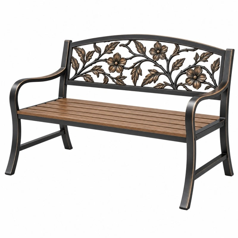 Gartenbank 120 cm aus Metall und Holz Braun Schwarz mit Blumenmuster