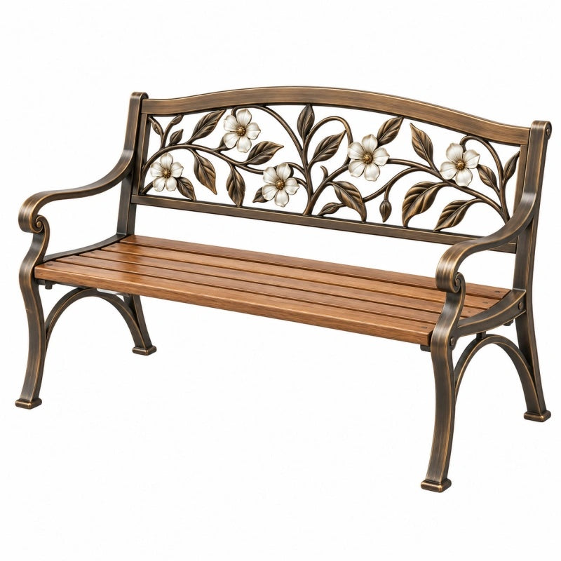 Gartenbank 127 cm aus Metall in Bronze mit Blumenmotiv