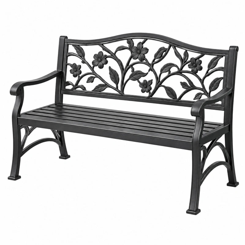 Gartenbank 120 cm Metall Schwarz mit Blumenmuster und Armlehnen