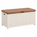 Aufbewahrungsbox 120 x 56 x 60 cm aus Kunststoff Weiß Braun mit Holzoptik Deckel für Garten und Wohnbereich