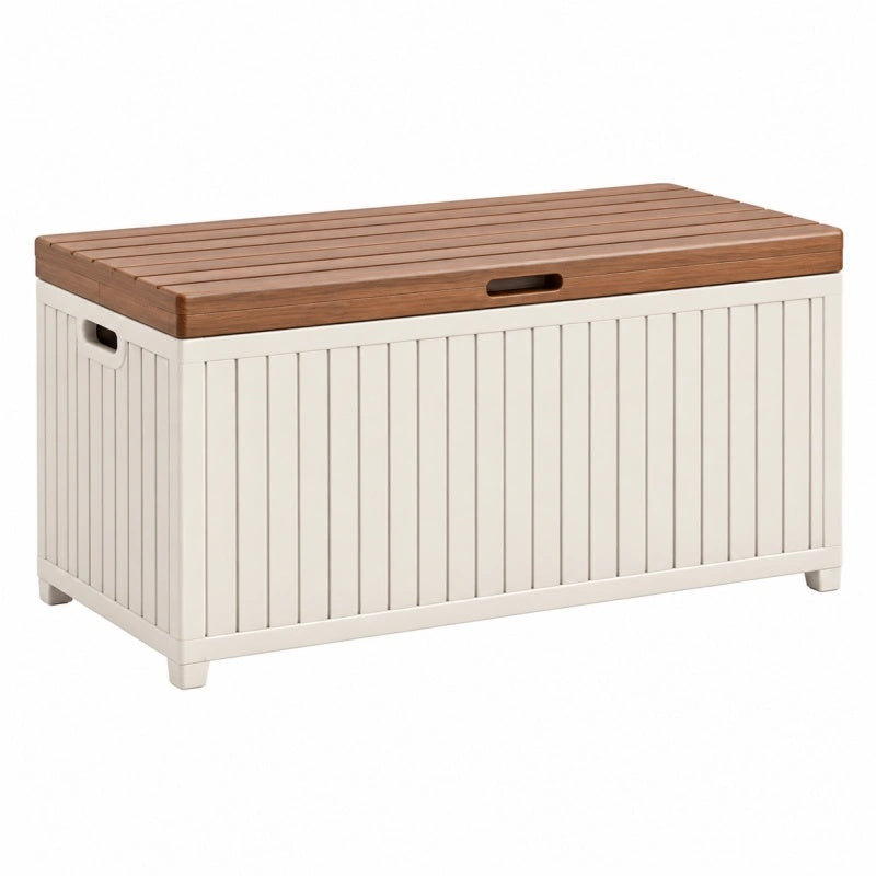 Aufbewahrungsbox 120 x 56 x 60 cm aus Kunststoff Weiß Braun mit Holzoptik Deckel für Garten und Wohnbereich