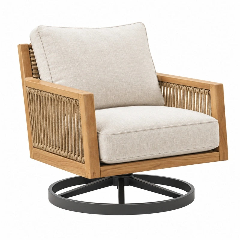 Drehsessel 76 x 82 x 88 cm aus Holz und Seilgeflecht in Naturbeige mit gepolsterter Sitzfläche