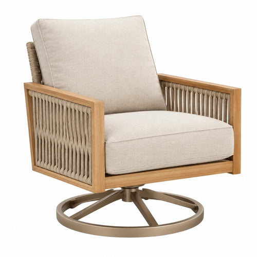 Beiger Teradino Drehsessel aus Holz mit Seilgeflecht, 80 x 82 x 90 cm, für Outdoor Lounge, bequemer Sitzkomfort
